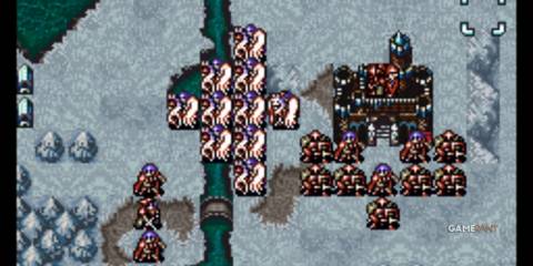An enemy army gathers in Fire Emblem Genealogy of the Holy War, a tactical RPG set in wartime