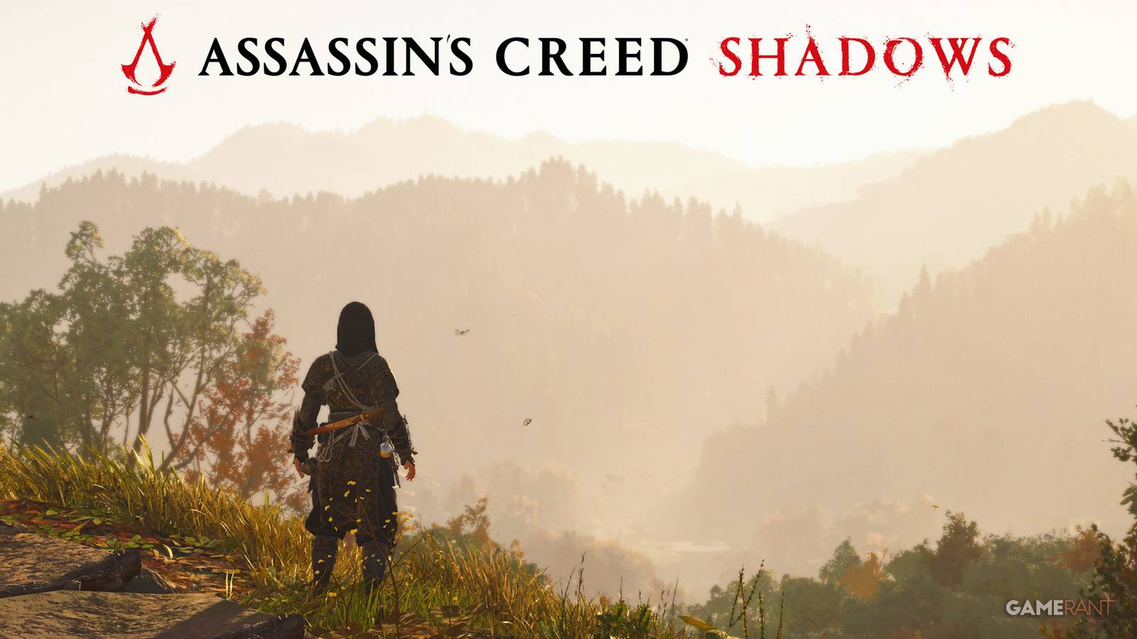 Assassin's Creed Shadows Naoe standing on a hill below game logo 2x1 composite