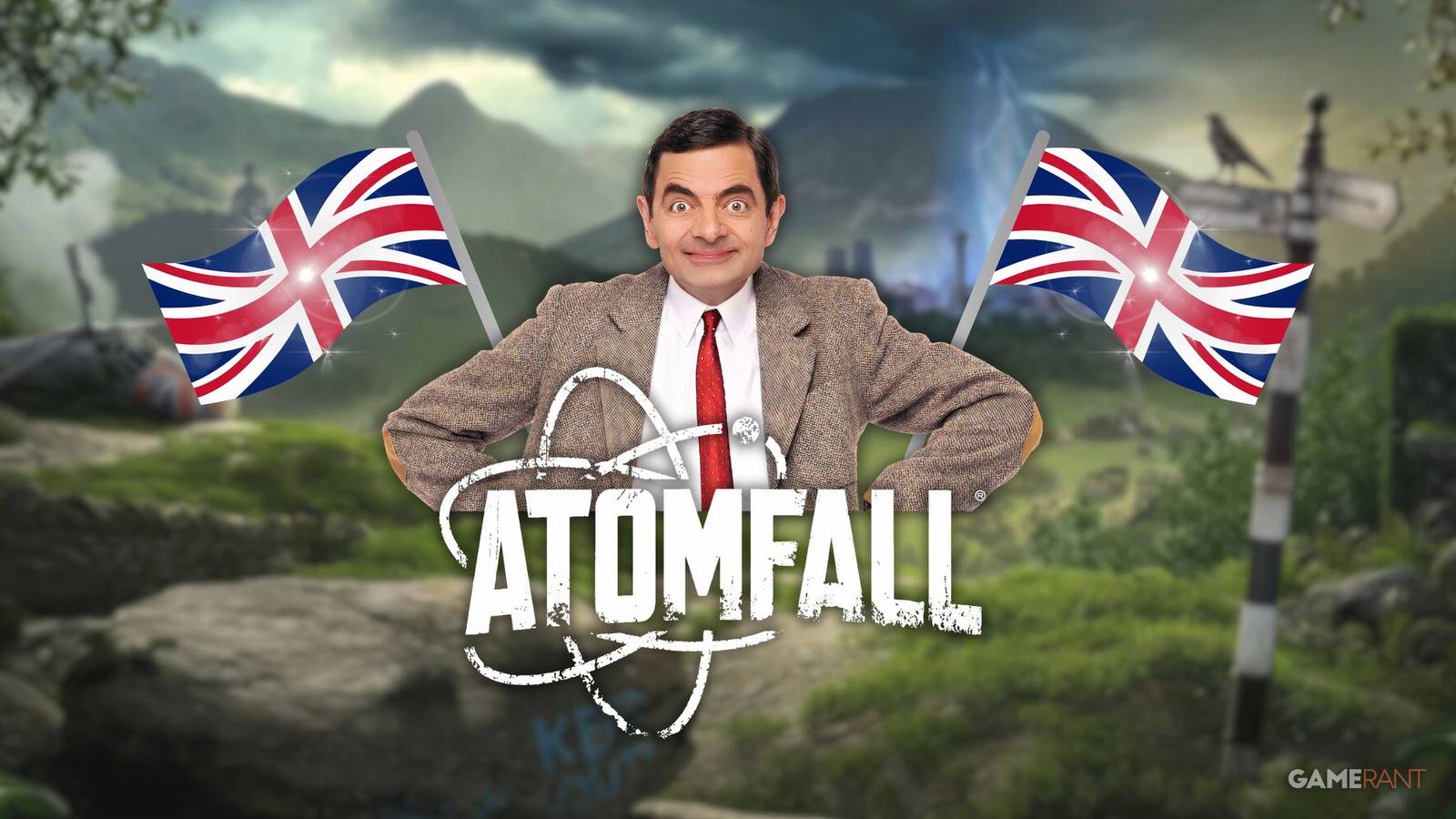 mr bean next to uk flags and atomfall's logo.