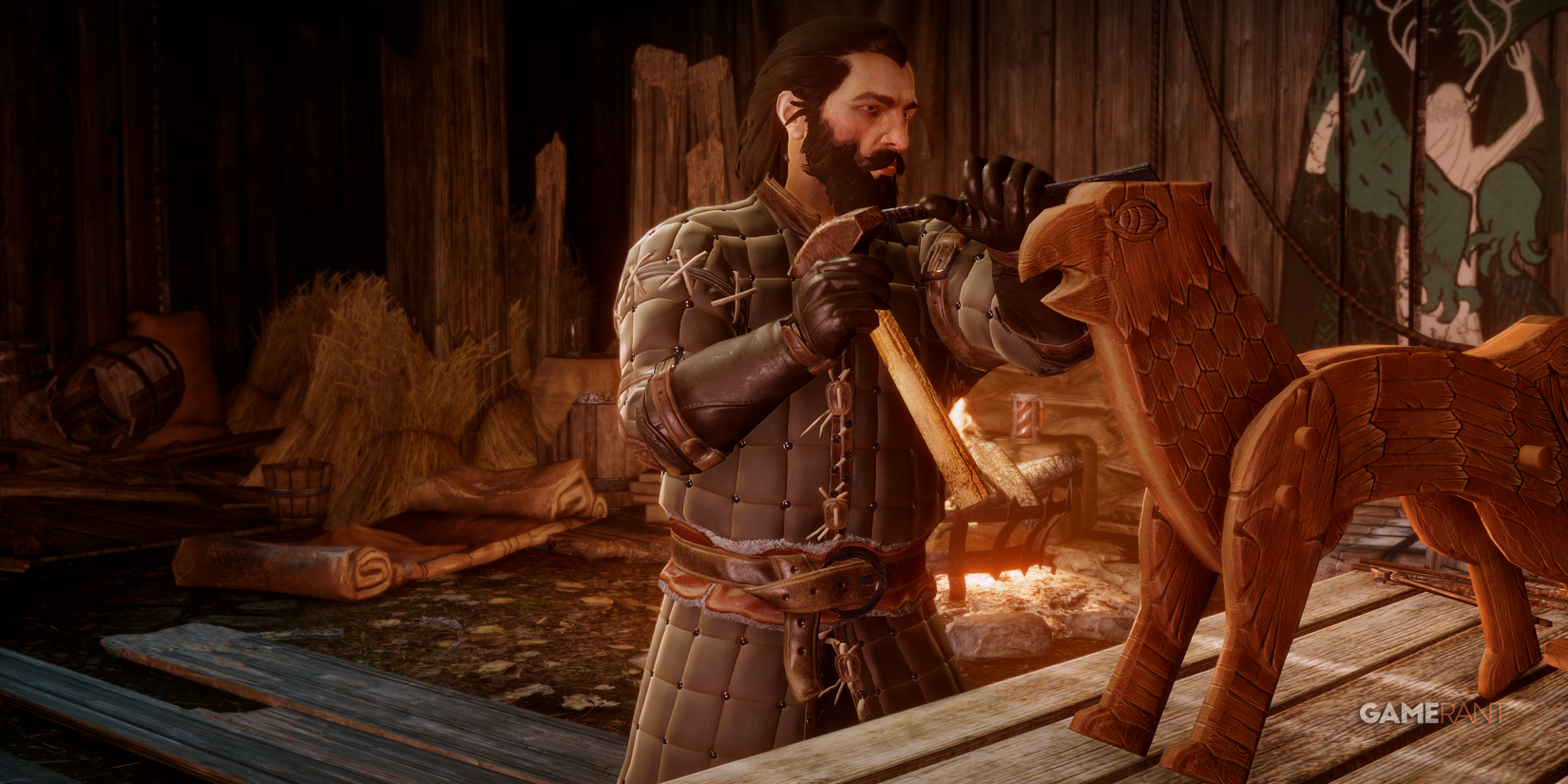 Blackwall carving a Grey Warden-style rocking griffon
