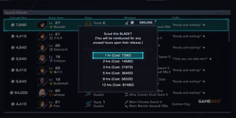 BLADE Scout recruitment menu showing hourly costs for hiring Avatars in Xenoblade Chronicles X