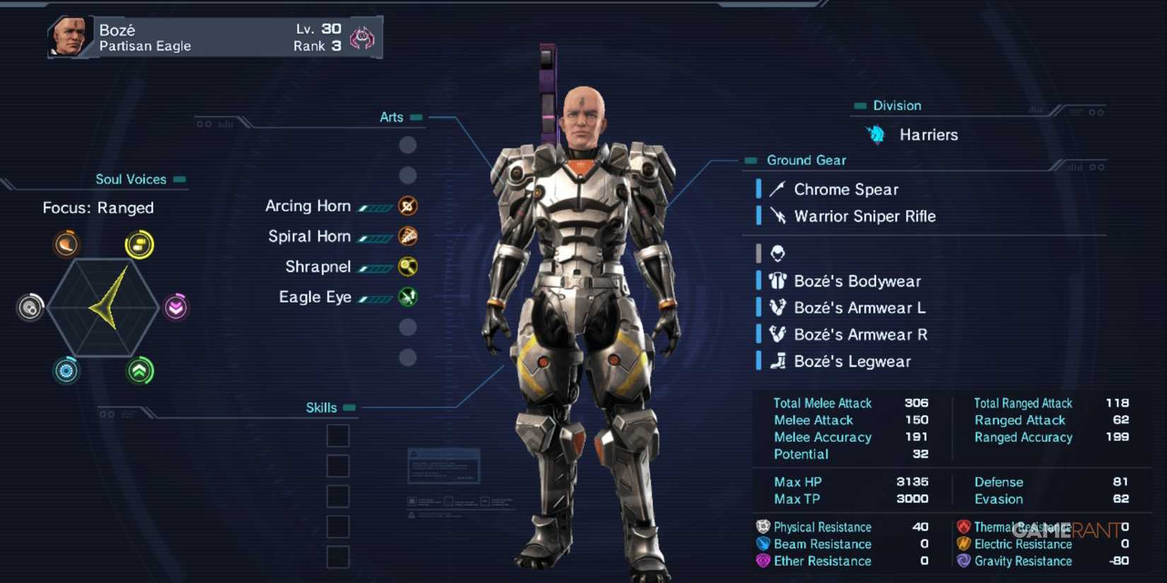 Bozé character stats and Partisan Eagle class arts and gear displayed in Xenoblade Chronicles X Definitive Edition