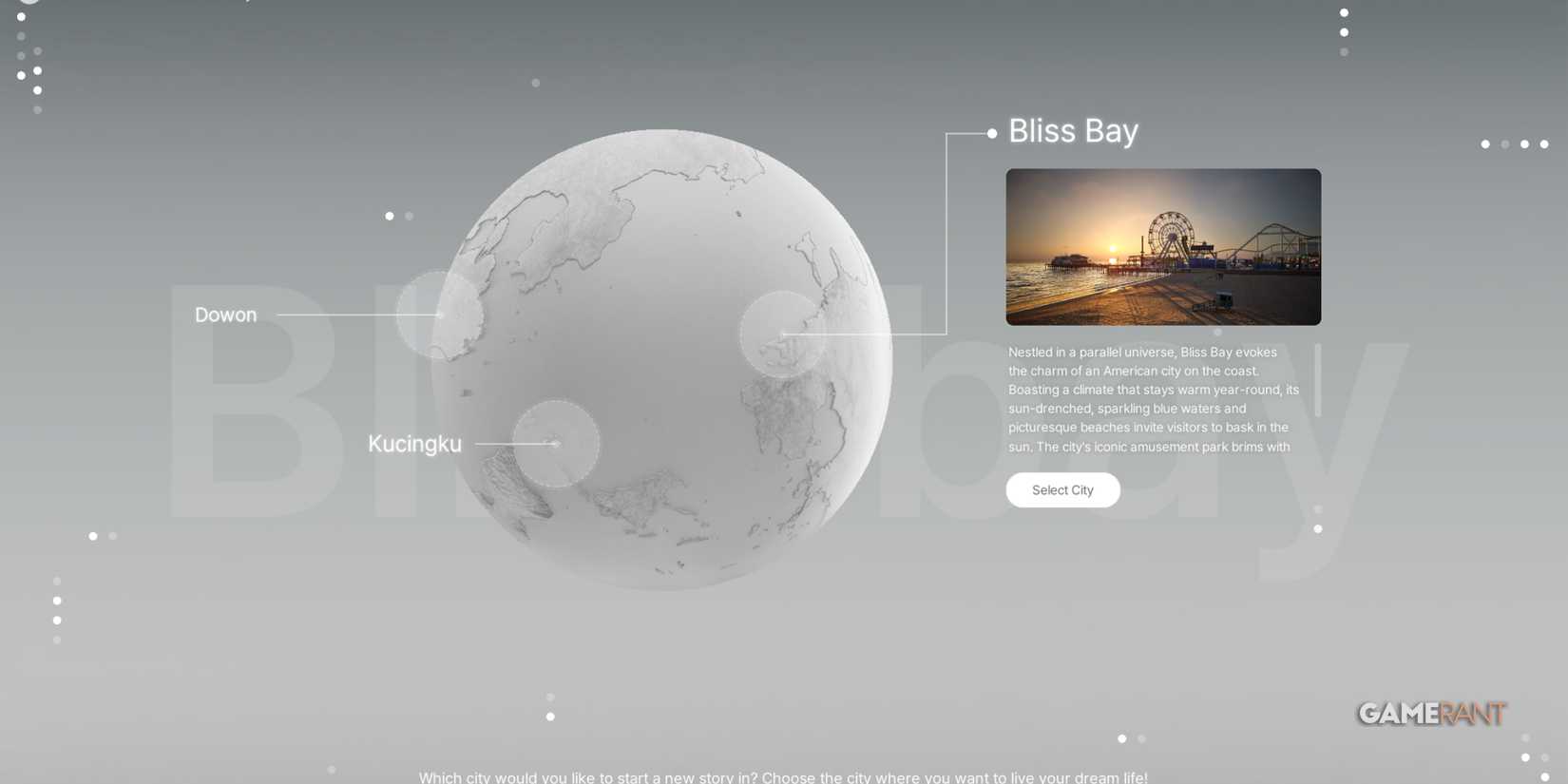 City selection screen in inZOI, showing unique features and activities that shape gameplay and enhance role-playing