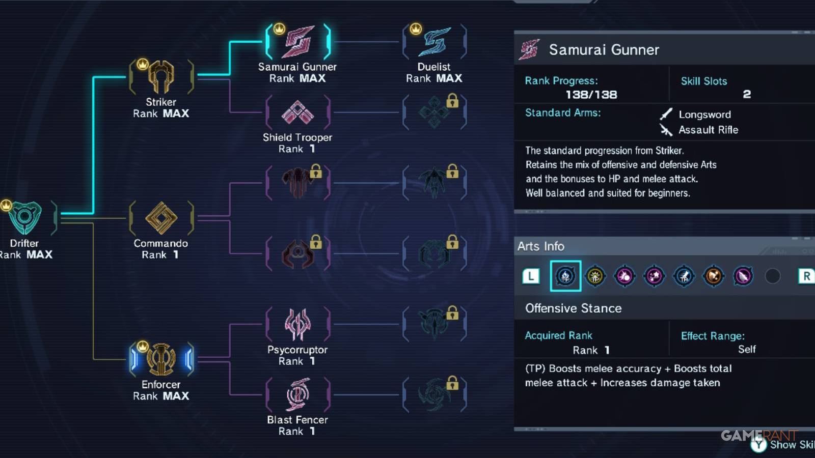 Class tree progression showing Striker, Samurai Gunner, Duelist, and other classes in Xenoblade Chronicles X