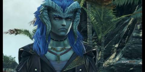 Close-up of L looking serious with tropical foliage in the background in Xenoblade Chronicles X Definitive Edition