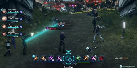 Combat scene featuring recruited Avatar and allied NPCs fighting enemies in Xenoblade Chronicles X