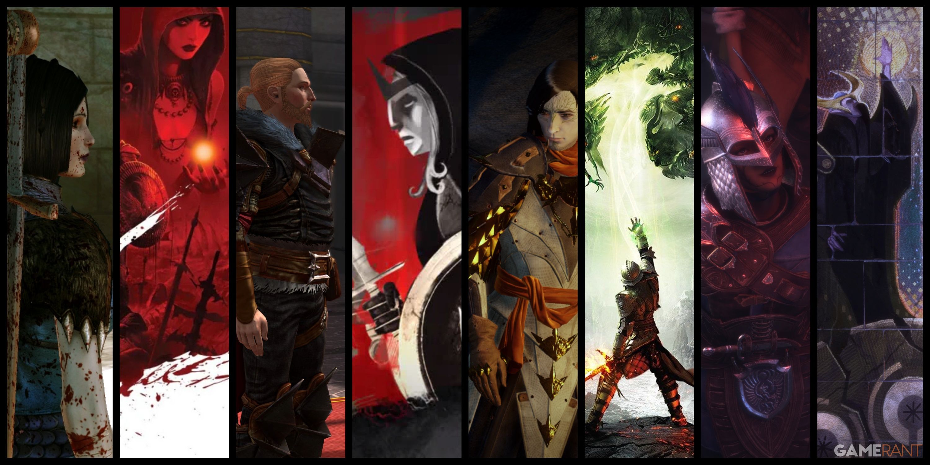 Dragon Age Heroes and game artwork, in the order of Origins, Dragon Age 2, Dragon Age Inquisition, and Dragon Age The Veilguard