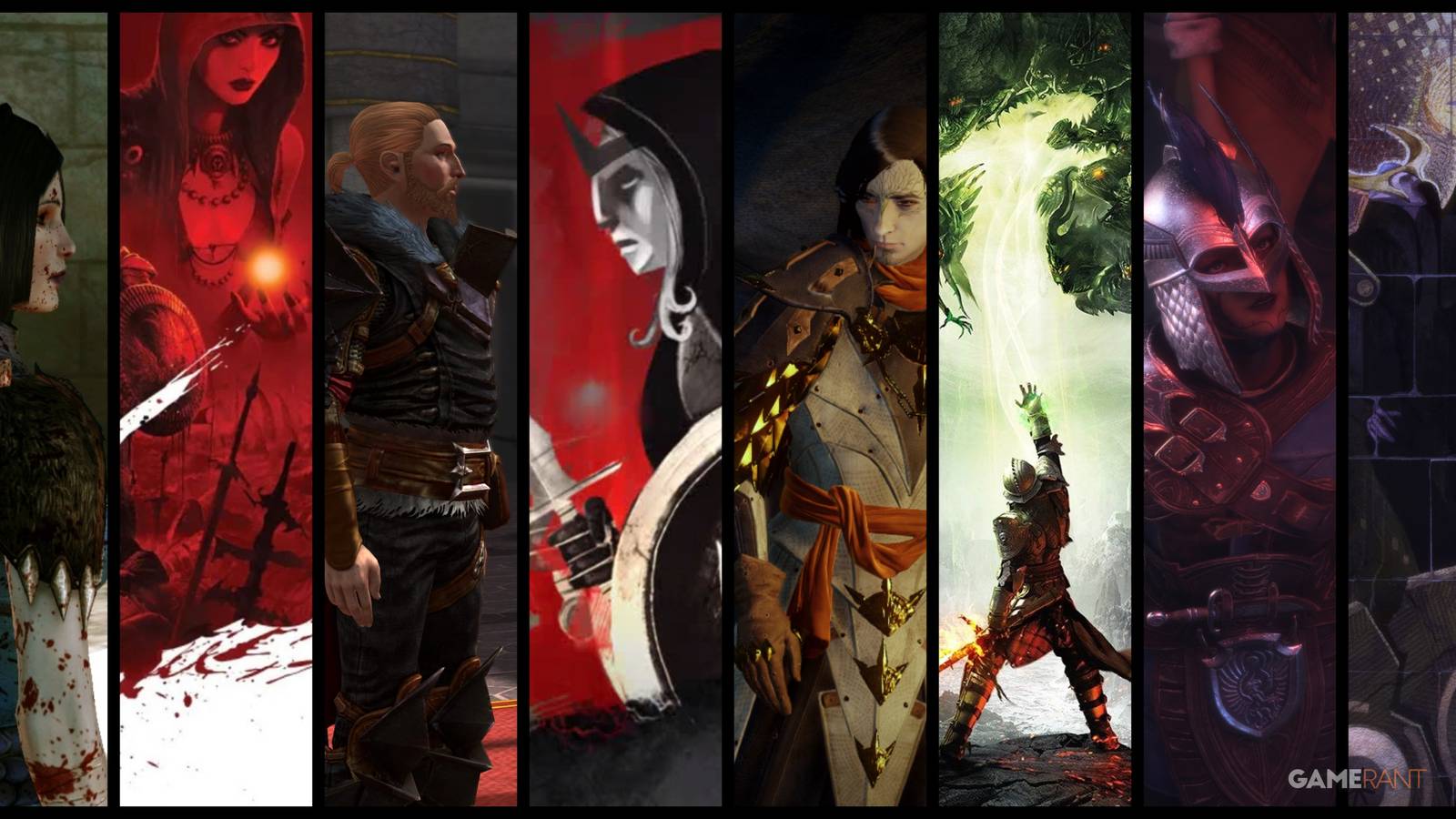 Dragon Age Heroes and game artwork, in the order of Origins, Dragon Age 2, Dragon Age Inquisition, and Dragon Age The Veilguard