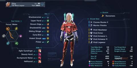 Elma character stats and Full Metal Jaguar class skills displayed in Xenoblade Chronicles X Definitive Edition