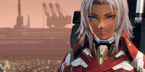 Elma stands in front of NLA's skyline at sunset, wearing her signature armor in Xenoblade Chronicles X Definitive Edition