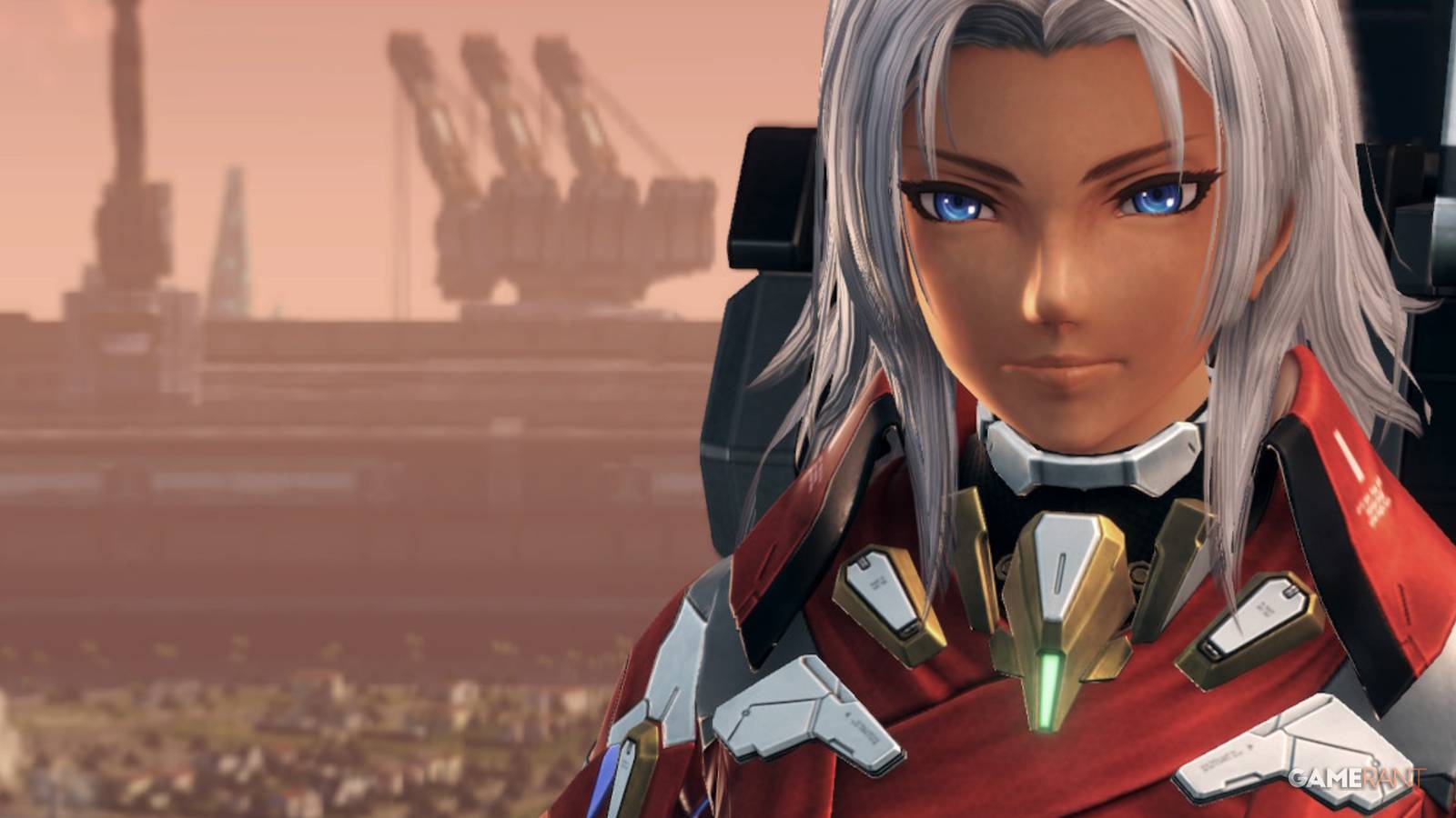 Elma stands in front of NLA's skyline at sunset, wearing her signature armor in Xenoblade Chronicles X Definitive Edition