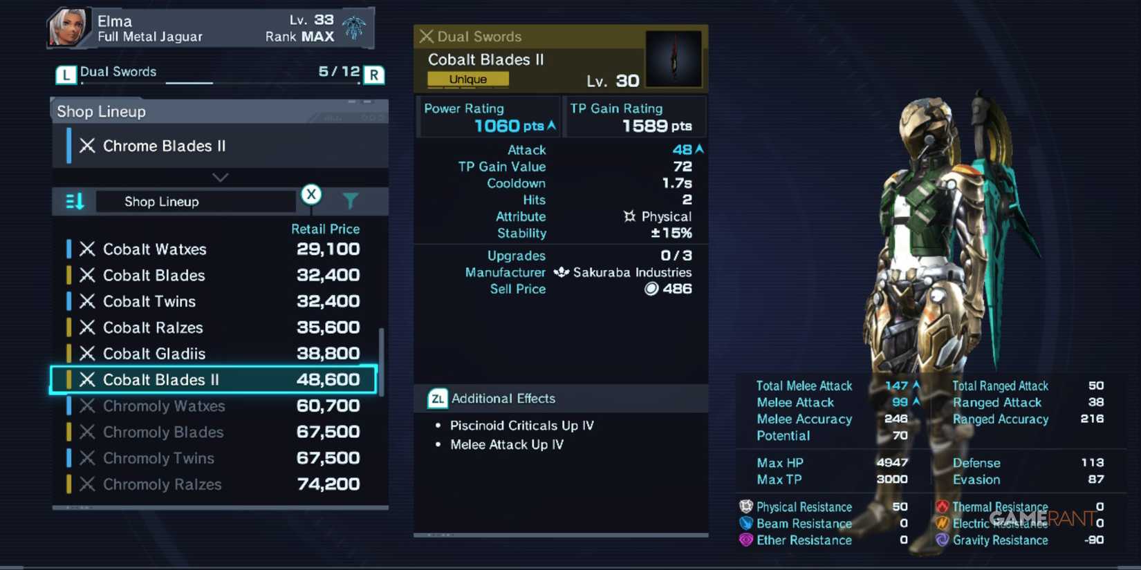 Elma wielding Cobalt Blades II with Piscinoid and melee boosts in Xenoblade Chronicles X