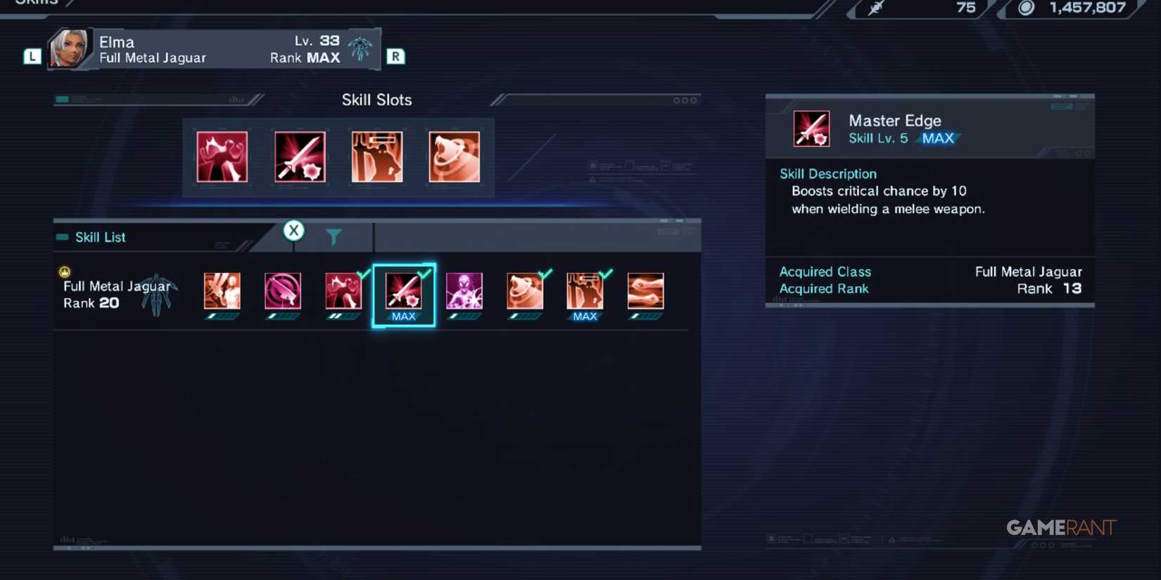Elma with Master Edge skill active, increasing melee crit rate in Xenoblade Chronicles X