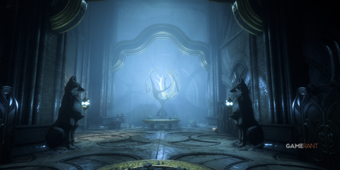 Elvhen statues of Fen'Harel line the hallway of a ruin with a classic elvhen illuminated tree figure