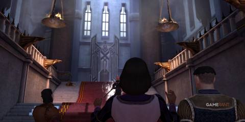 Hawke being cheered in the Viscount's chamber in Kirkwall