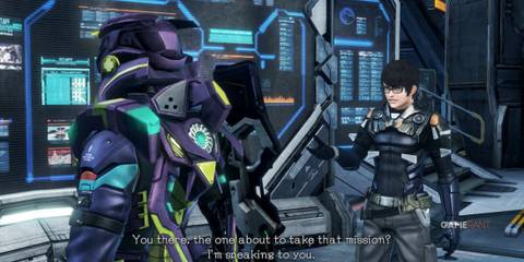 HB arguing with a purple-armored soldier in front of digital mission panels in Xenoblade X