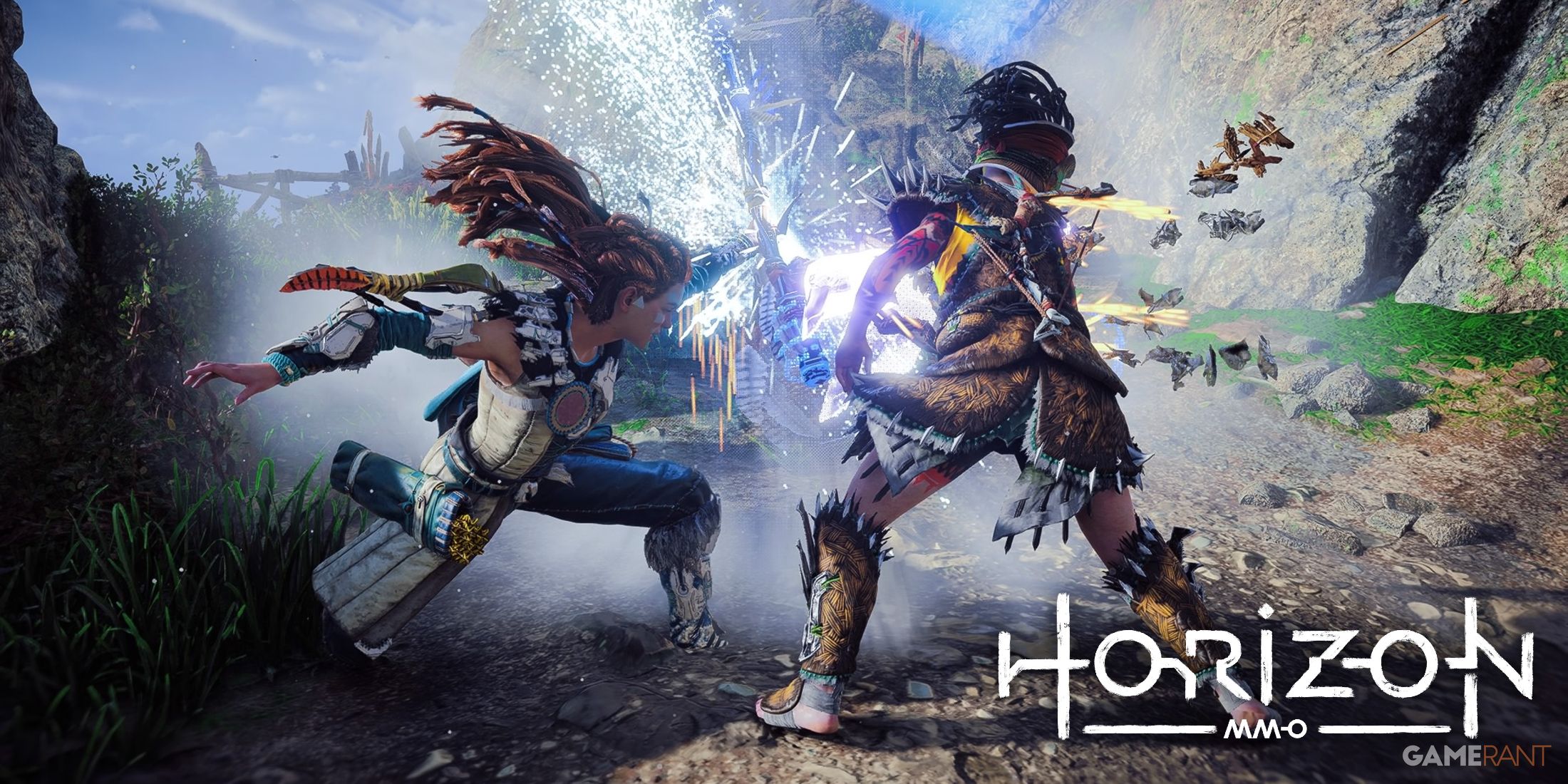 Aloy from Horizon Forbidden West in mid-combat with a human enemy.