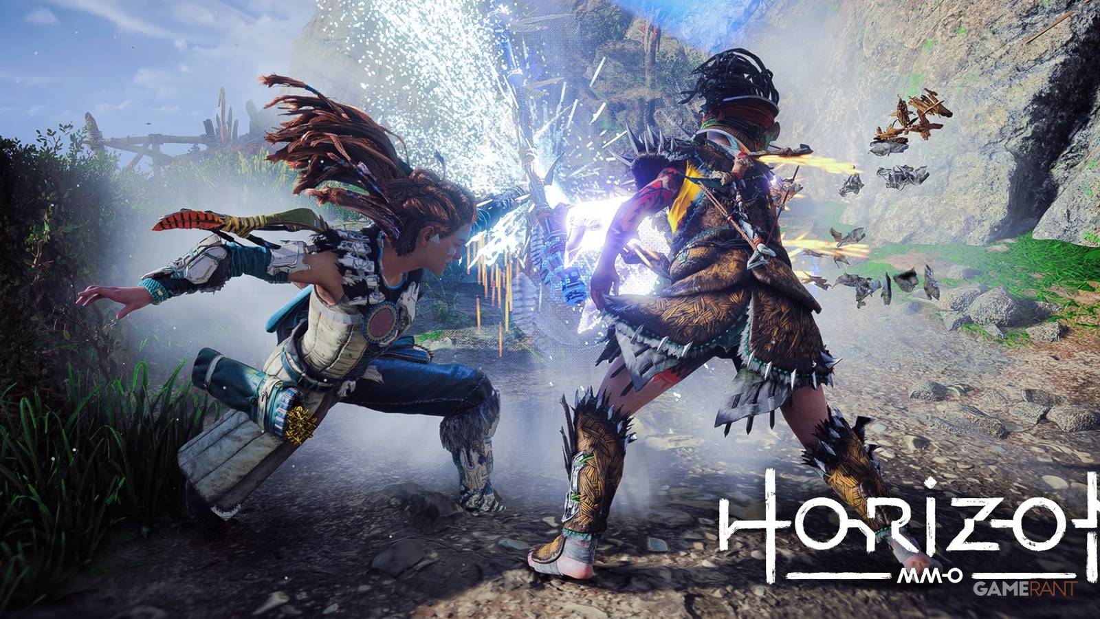 Aloy from Horizon Forbidden West in mid-combat with a human enemy.