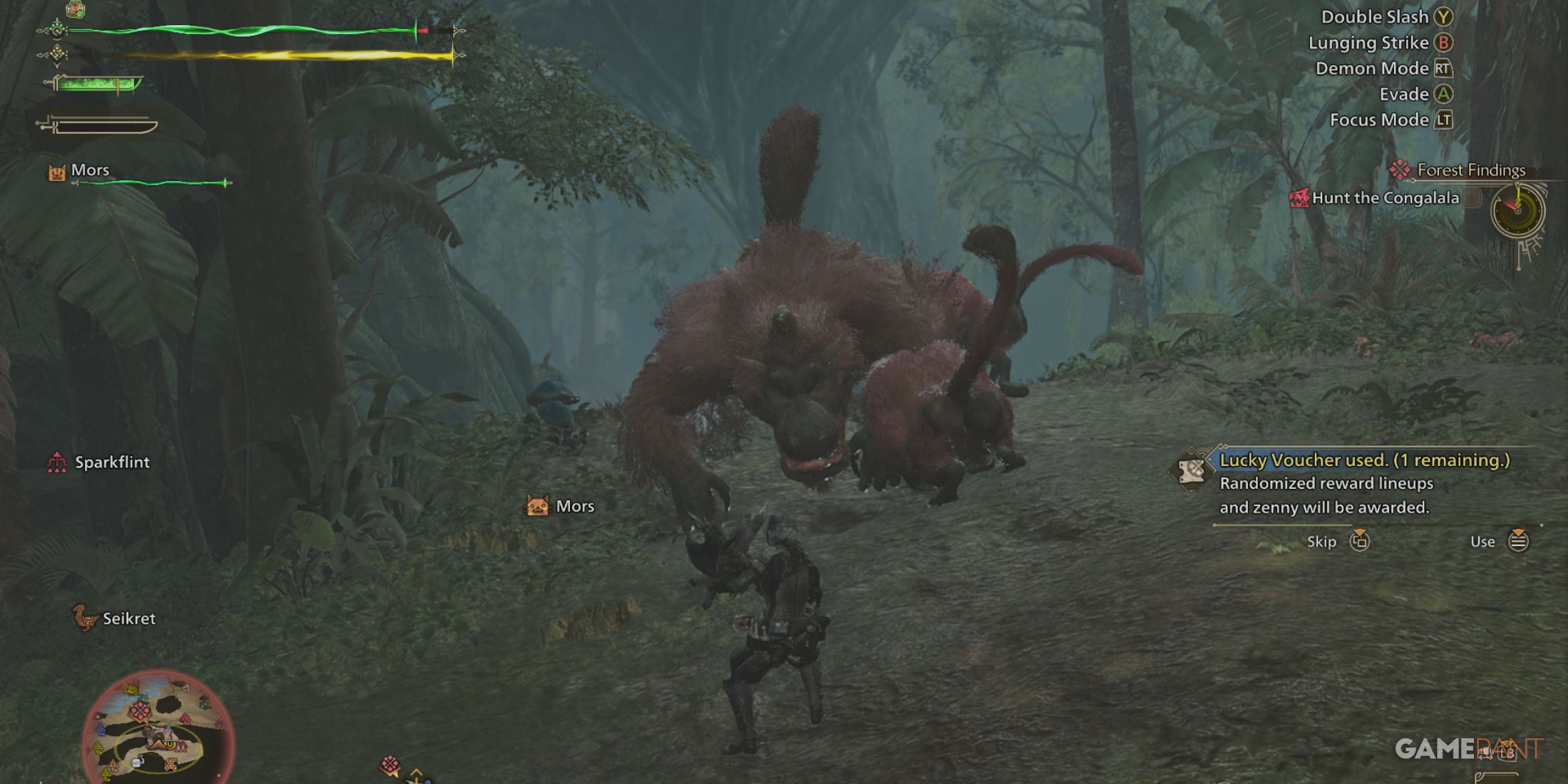 Caçador enfrentando várias criaturas em Monster Hunter Wilds, se preparando para uma luta tática
