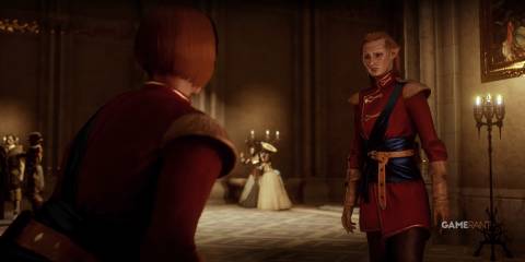 Inquisitor Lavellan and Leliana in formal dress at an Orlesian ball talk