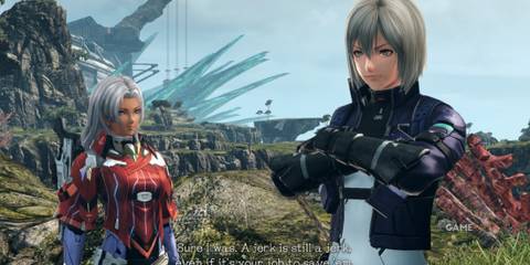 Irina crossing her arms while talking to Elma in the open field, one of the best party members in Xenoblade Chronicles X