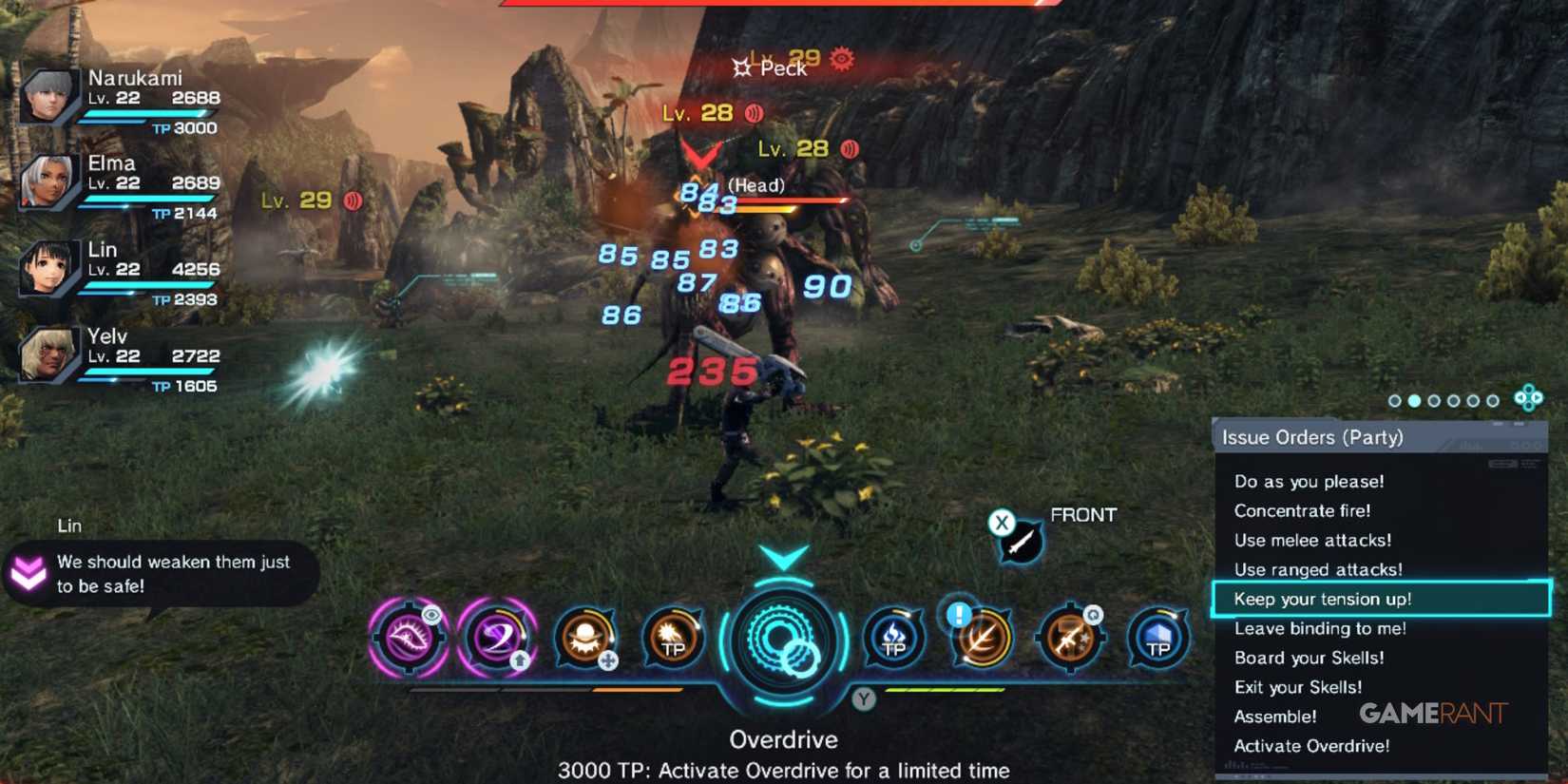 Issuing party commands while using Overdrive against high-level enemies in Xenoblade Chronicles X