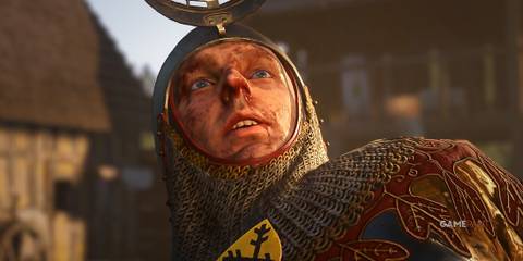 Kingdom Come Deliverance 2 bloody Henry in full plate armor looking upward