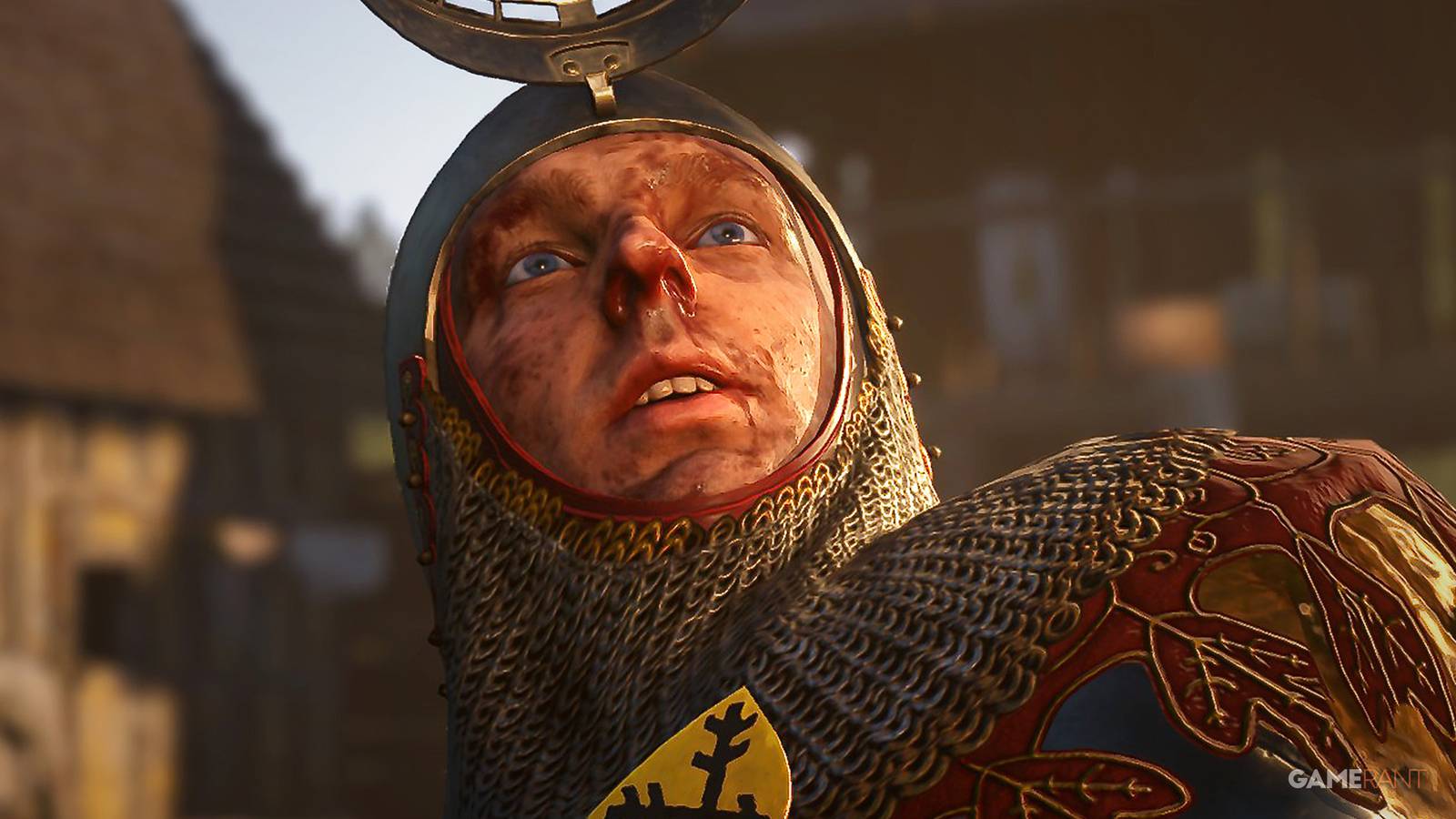 Kingdom Come Deliverance 2 bloody Henry in full plate armor looking upward