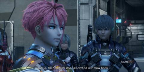 Liesel discusses leadership changes with fellow characters during a cutscene in Xenoblade Chronicles X Definitive Edition