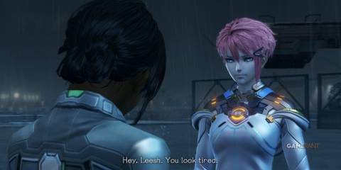 Liesel speaks to Leesh during a rainy night in New LA in Xenoblade Chronicles X Definitive Edition
