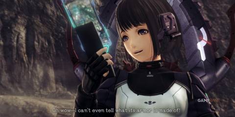 Lin examines data on her tablet with curiosity during a cutscene in Xenoblade Chronicles X Definitive Edition