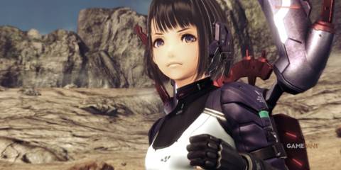 Lin prepares for battle in the desert with a determined expression in Xenoblade Chronicles X Definitive Edition