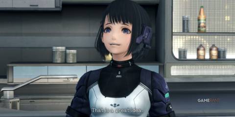 Lin smiles and responds to a suggestion inside a kitchen scene in Xenoblade Chronicles X Definitive Edition