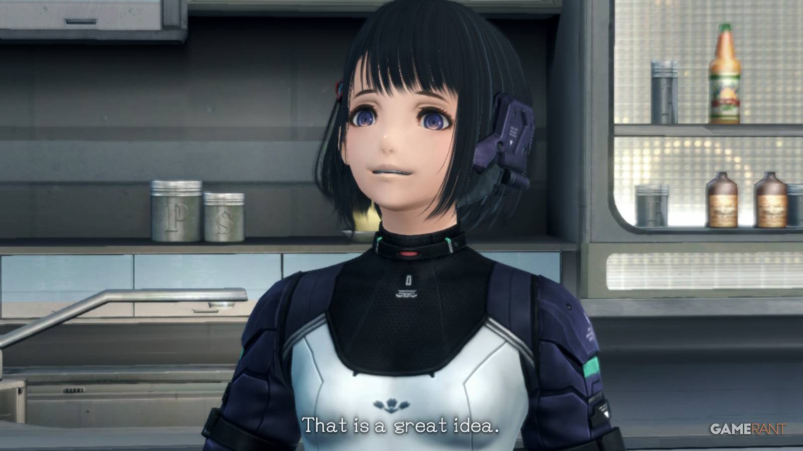Lin smiles and responds to a suggestion inside a kitchen scene in Xenoblade Chronicles X Definitive Edition