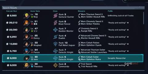 List of recruitable Avatars with class, weapons, and hourly cost in Xenoblade Chronicles X BLADE Scout system