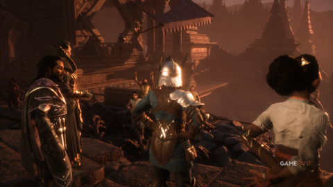 Lucanis, Emmrich, Rook, and Bellara look out on a cheering crowd in Minrathous