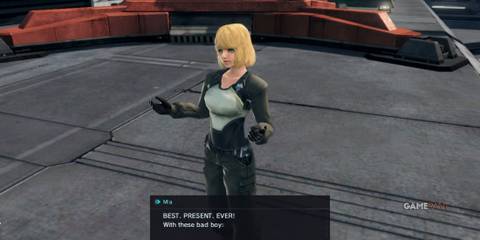 Mia celebrates getting a powerful gift while gesturing proudly in Xenoblade Chronicles X