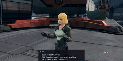 Mia repeats her excitement about a present with enthusiastic expression in Xenoblade Chronicles X