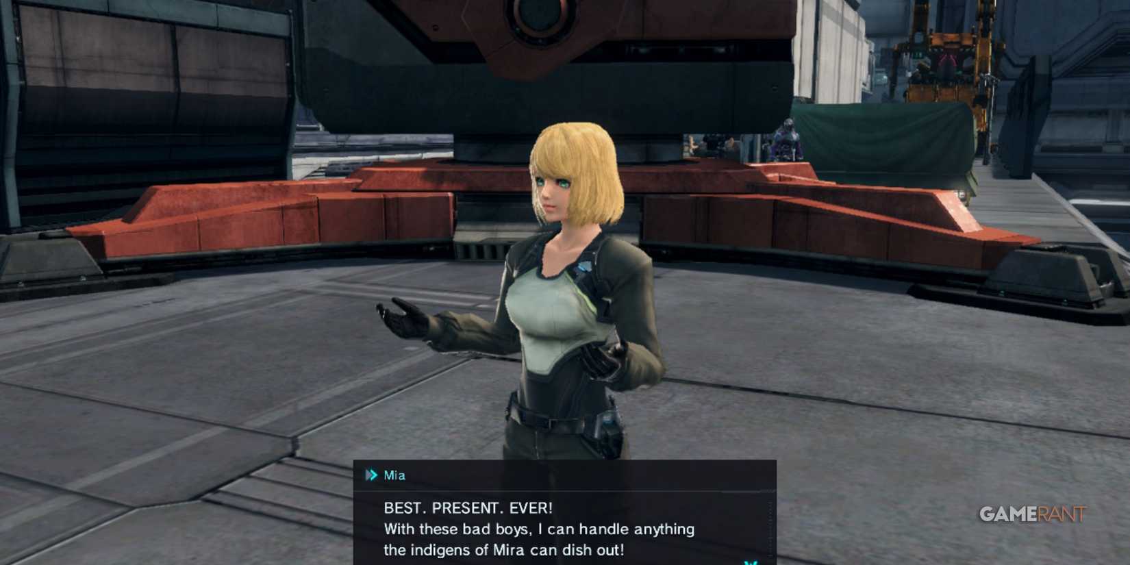 Mia repeats her excitement about a present with enthusiastic expression in Xenoblade Chronicles X