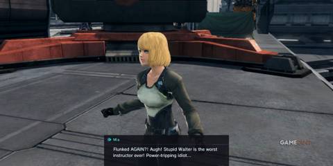 Mia vents frustration after failing again, animated expression in Xenoblade Chronicles X