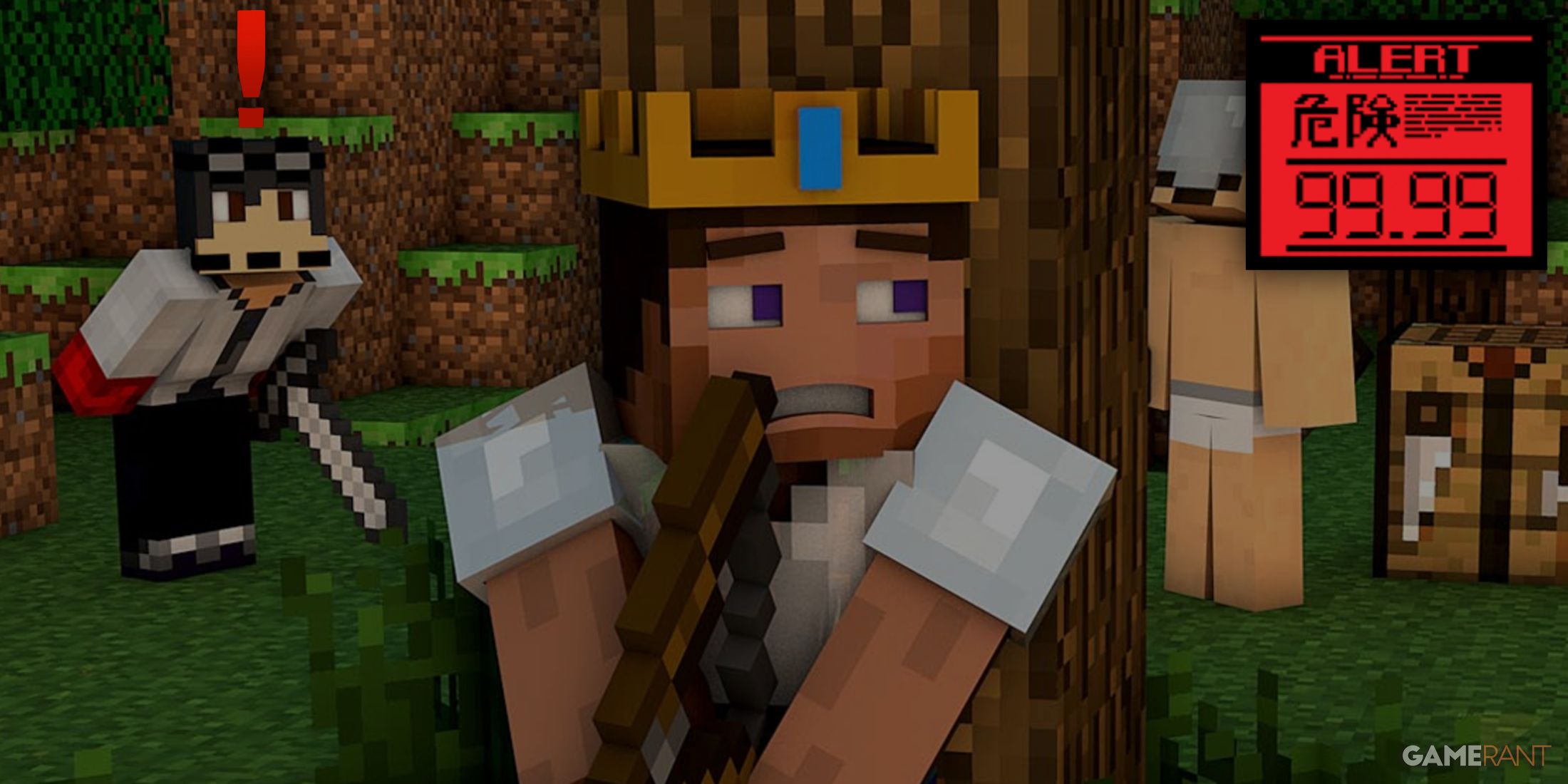 A Minecraft player hides behind a tree from another player who has potentially detected their presence.