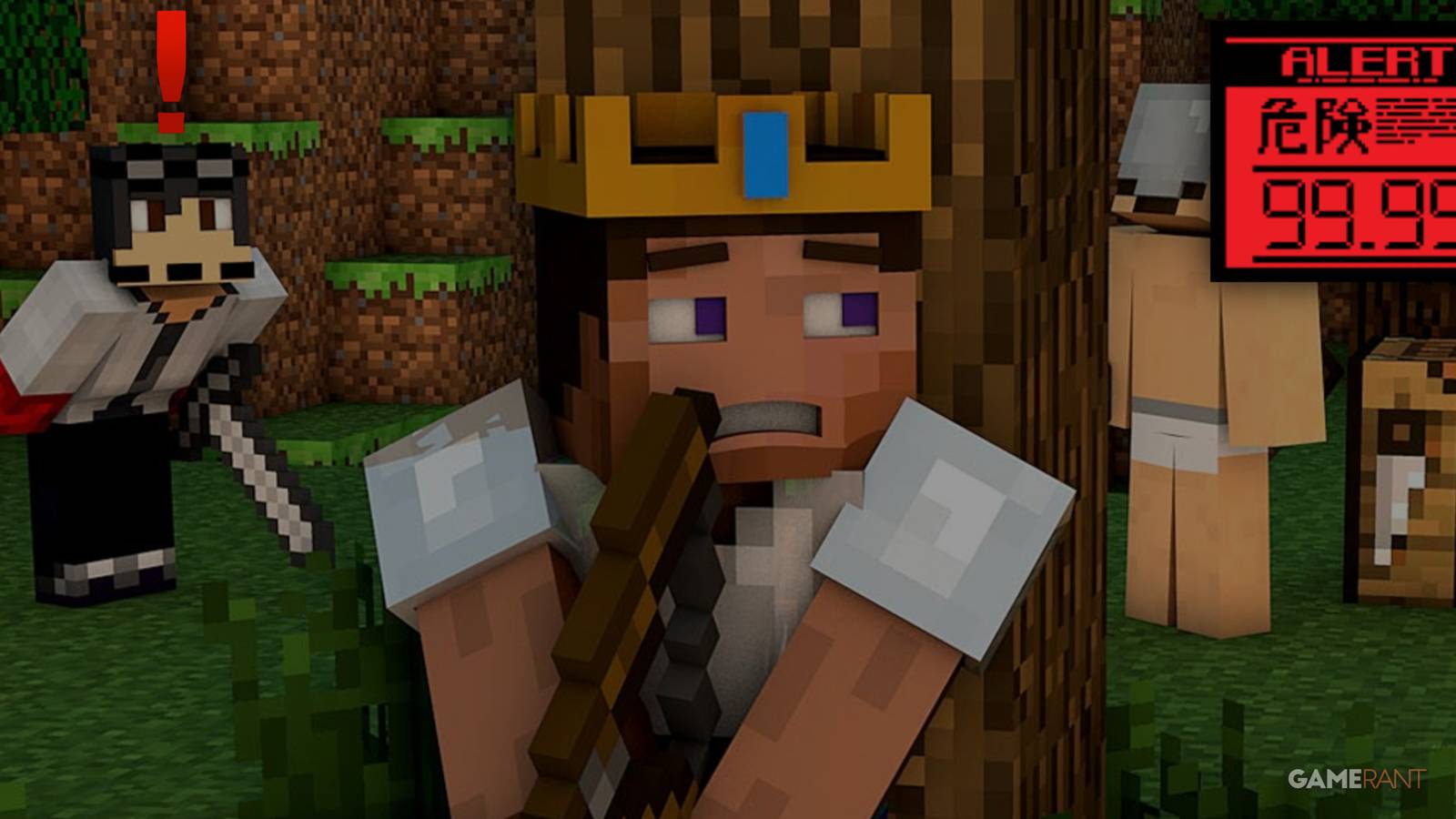 A Minecraft player hides behind a tree from another player who has potentially detected their presence.