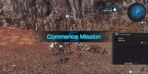 Mission start screen showing objectives and party in online mode of Xenoblade Chronicles X Definitive Edition