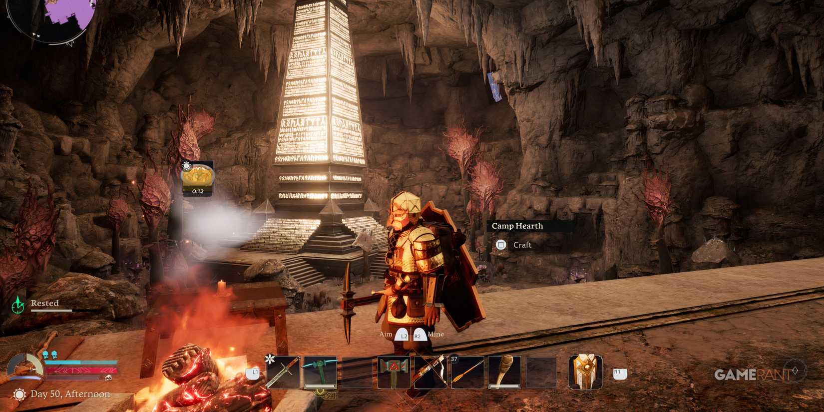 Lord Of The Rings: Return To Moria - Best Base Locations Player stands at a camp near a large glowing monolyth