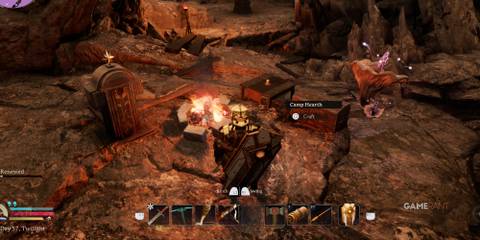 Lord Of The Rings: Return To Moria - Best Base Locations player stands at a camp near an entrance to a chasm