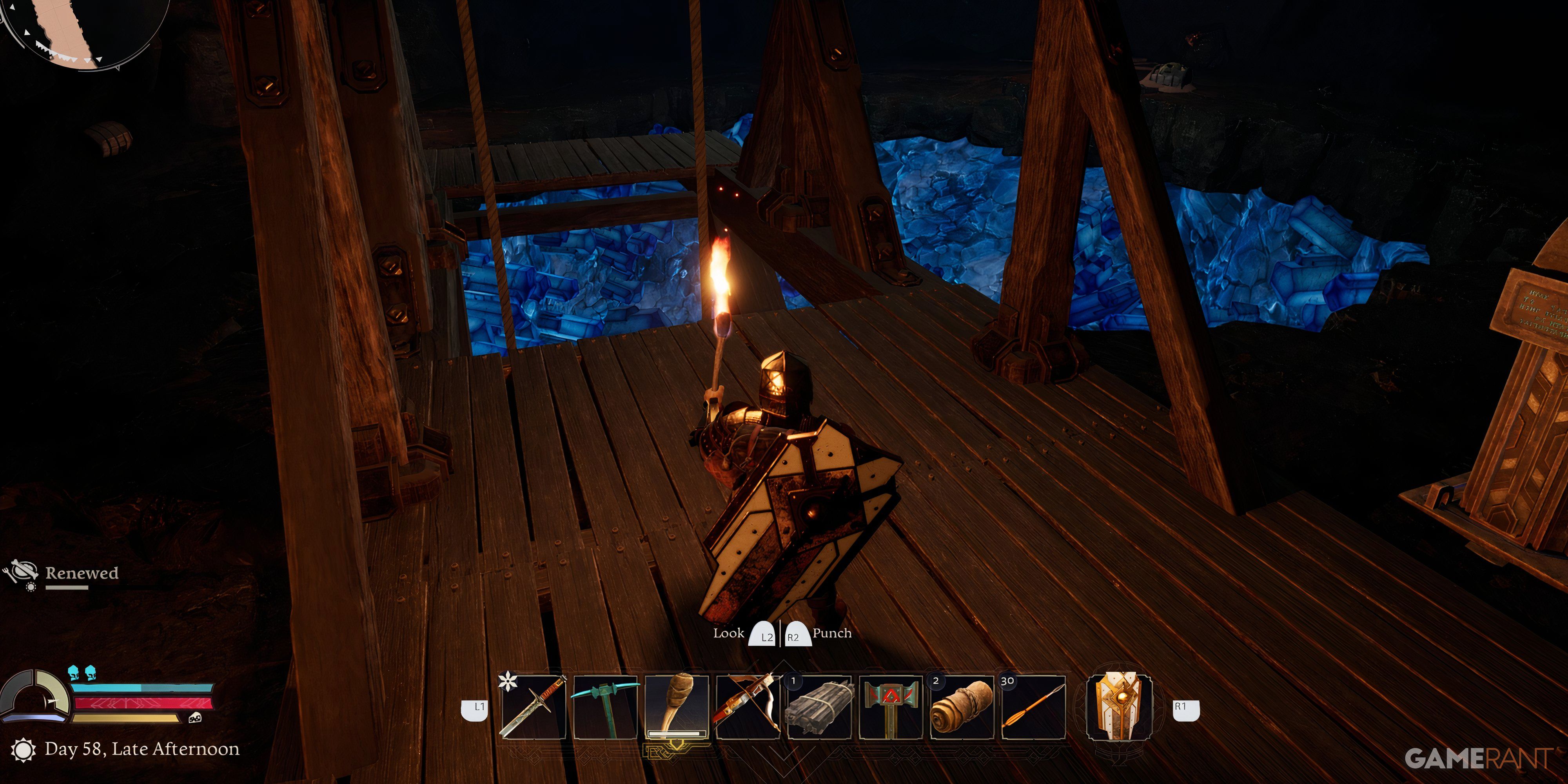 Lord Of The Rings: Return To Moria - Best Base Locations Player stands near blue crystals in a big hole