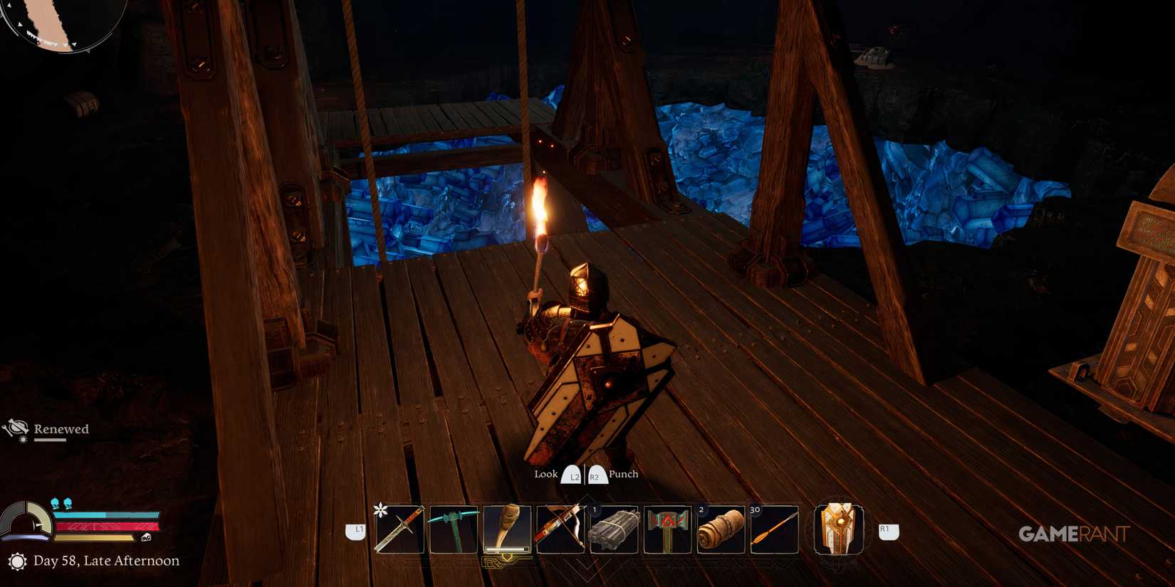 Lord Of The Rings: Return To Moria - Best Base Locations Player stands near blue crystals in a big hole