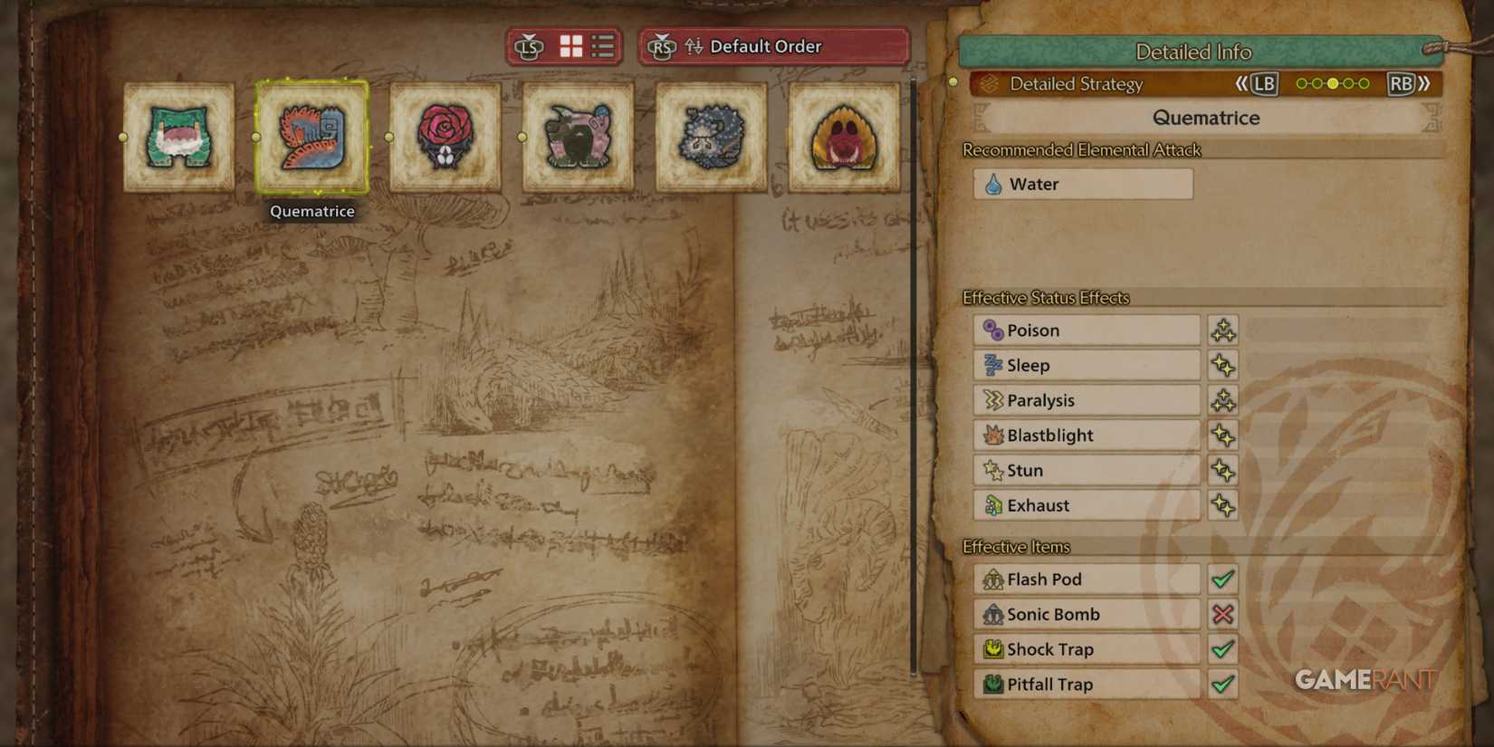 Monster Hunter Wilds enemy Field Guide displaying elemental weaknesses and effective status effects