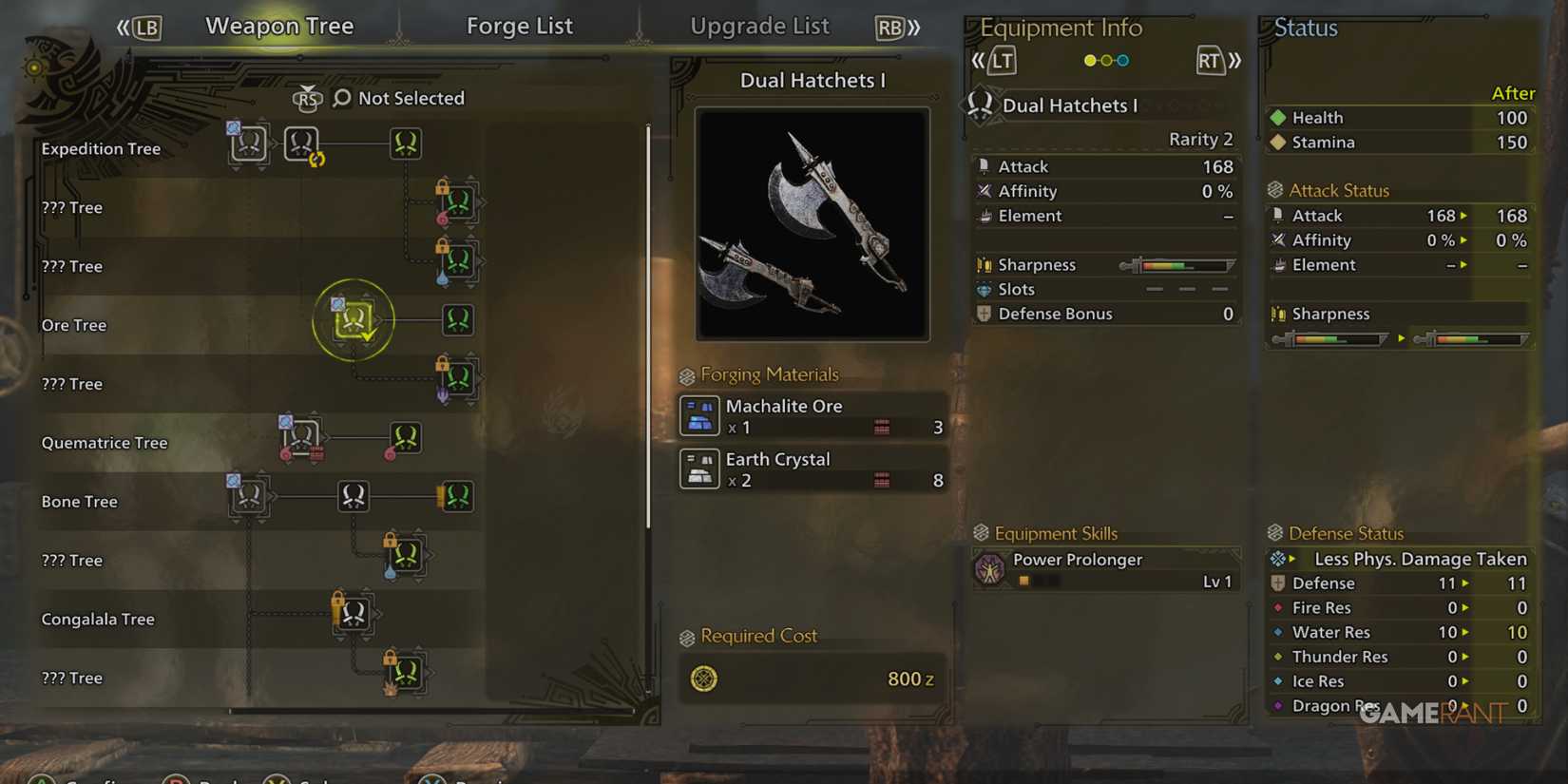 Monster Hunter Wilds forge menu displaying upgrade options for weapons and armor