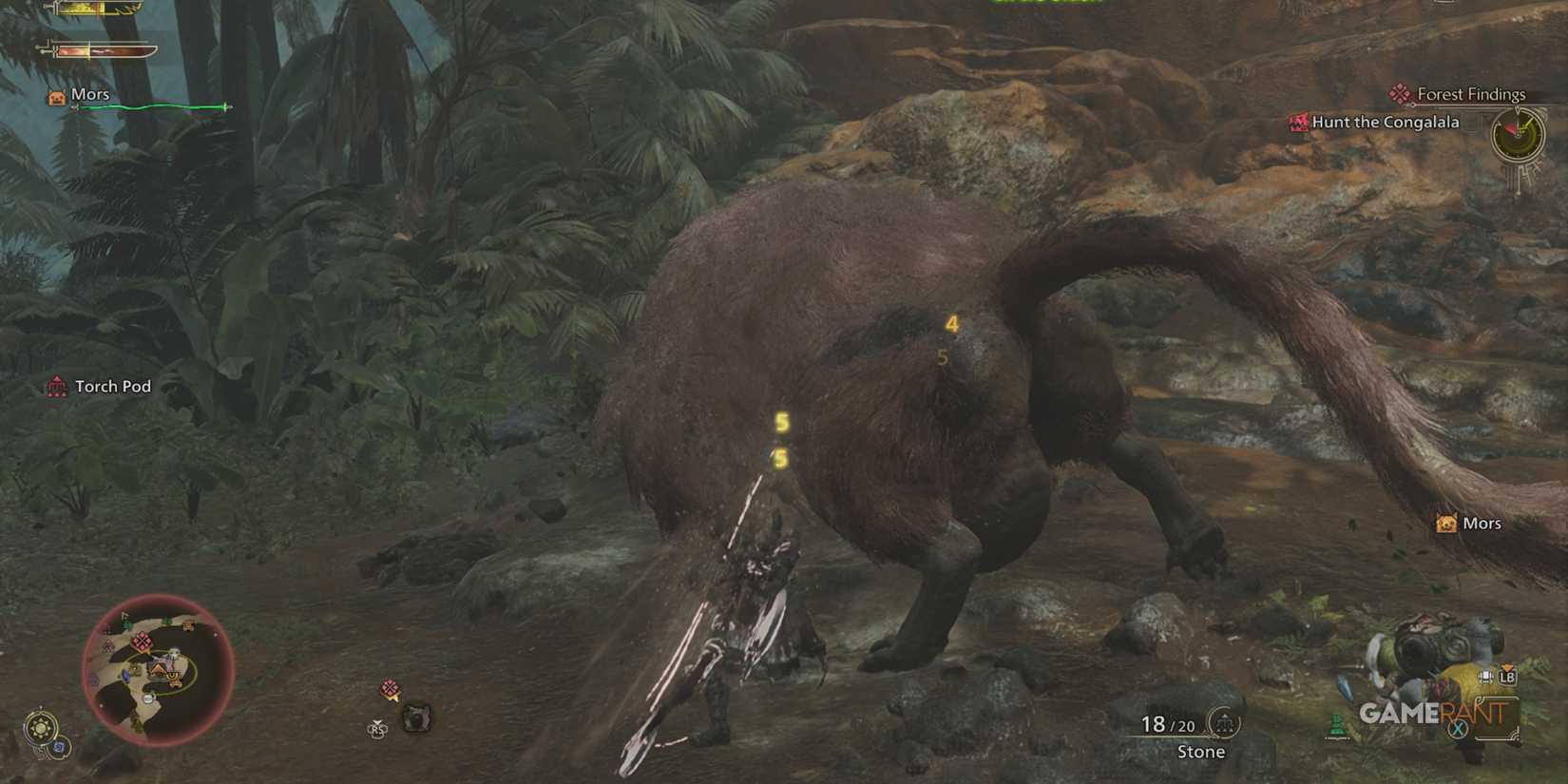 Monster Hunter Wilds player dodging an enemy attack in a dense jungle environment